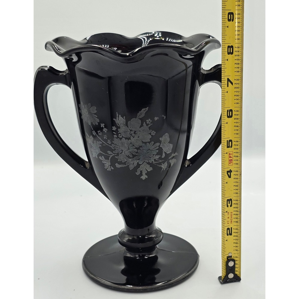 .LE. Smith Black Loving Cup S.S. RARE Floral Design Overlay Ruffled Rim Handles - Picture 12 of 12